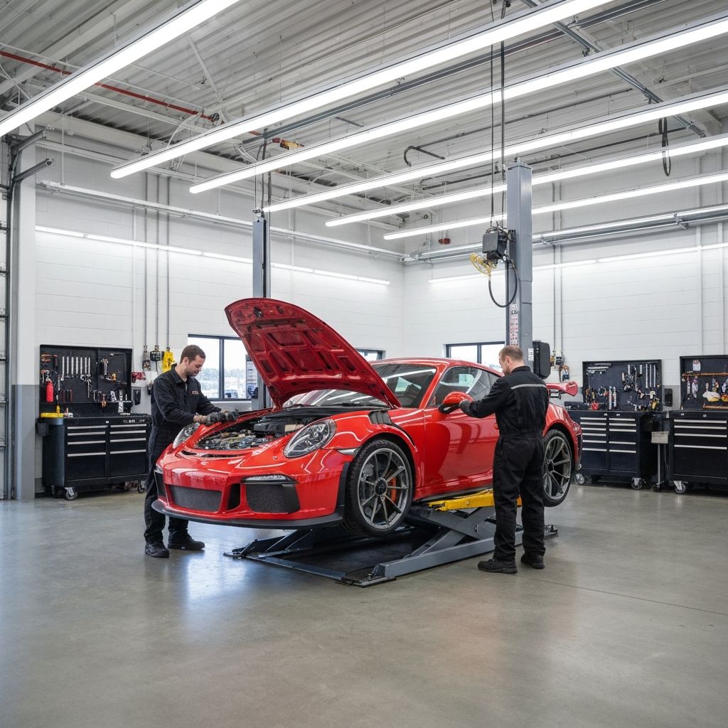 Professional mechanics working on a Porsche in a luxury auto repair shop